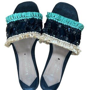 Kate Spade Bora Bora Sandal Black/ Green / Raffia Jeweled Size 7.5
